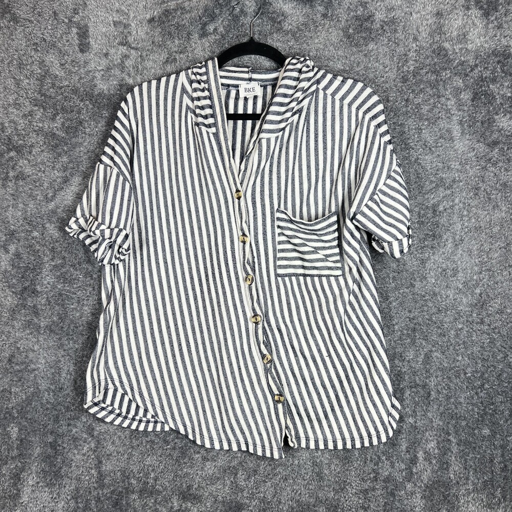 BKE Shirt Womens Medium Blue White Stripe Hooded Button Front Relaxed Fit